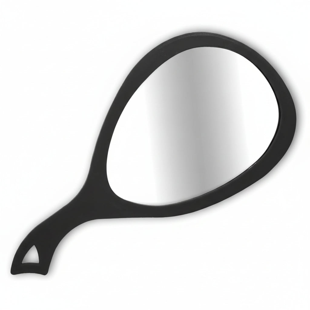 A large, teardrop-shaped, hand-held mirror with a black handle.
