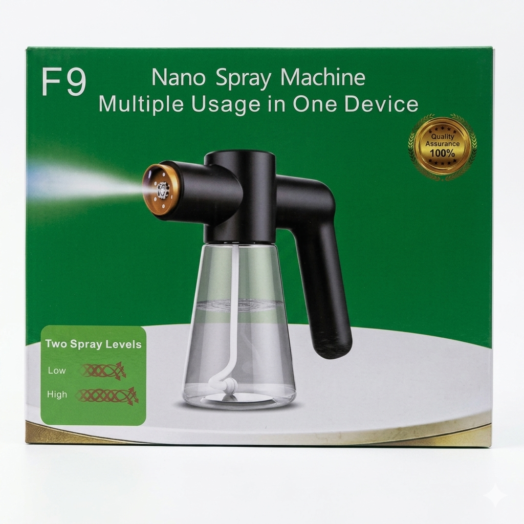 Nano spray machine packaging with green background and product image