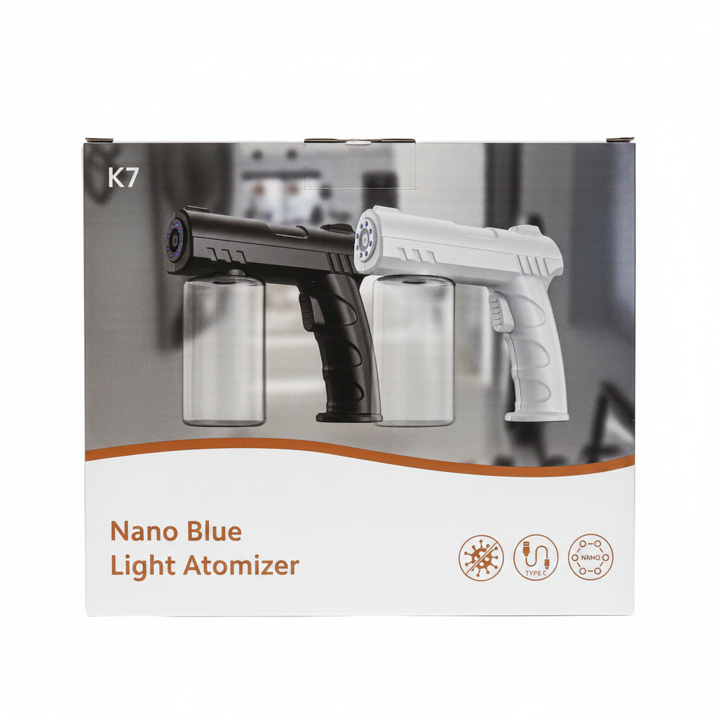Box of K7 Nano Blue Light Atomizer with two atomizers on a blurred background