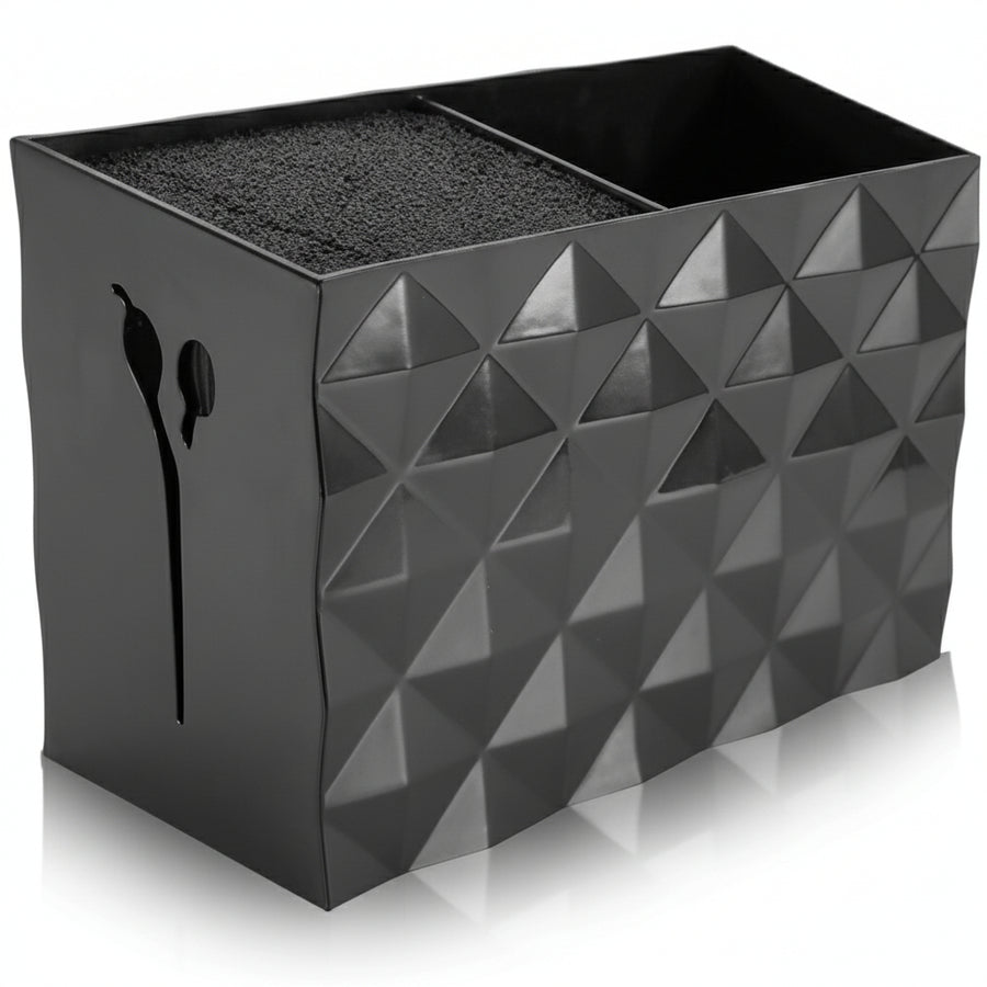 A black scissor organizer with a geometric pattern, featuring multiple slots on the inside.