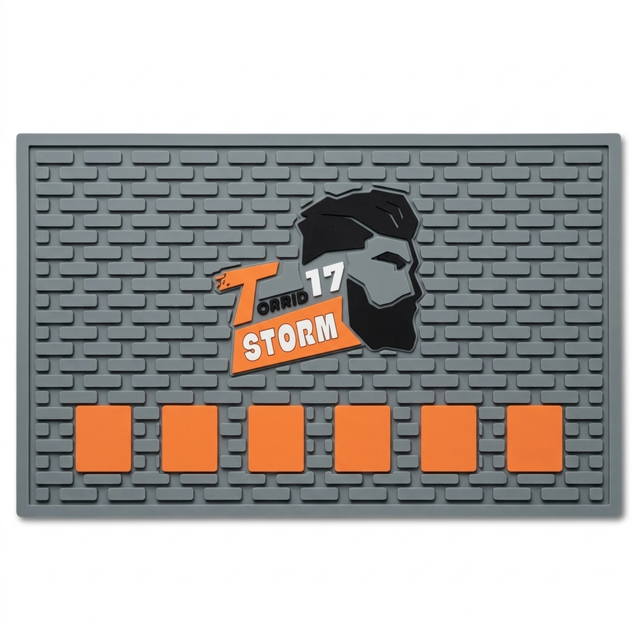 Gray doormat with 'Toriai Storm 17' logo and design on a white background