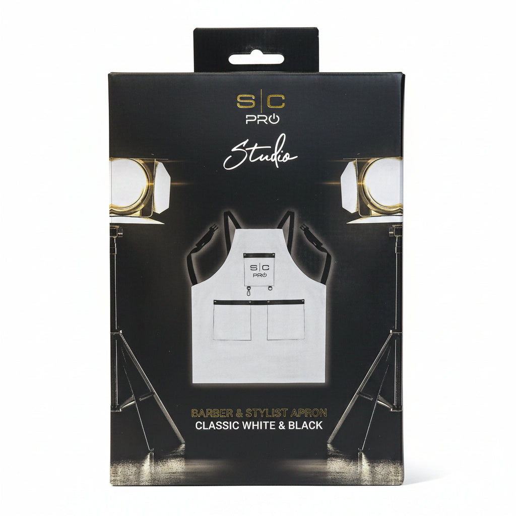 Packaging of S.C Pro Studio products with black and white design on a light background