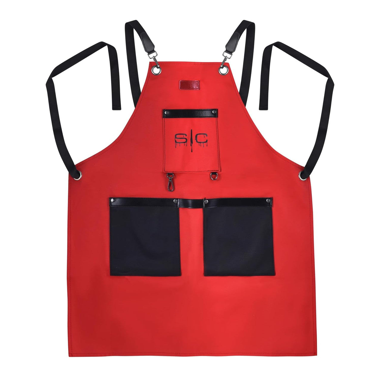 A red and black apron with pockets and a logo that reads 'S/C' on the front.