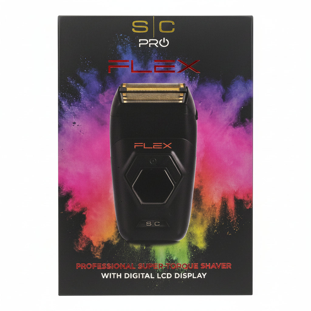 Foil shaver packaging with 'S/C Pro Flex' branding on a colorful abstract background
