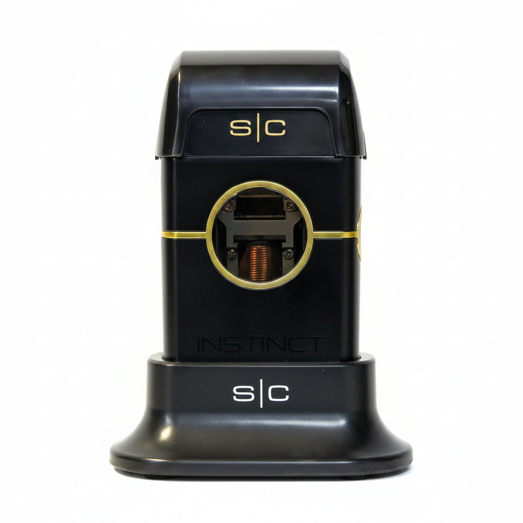Black pencil sharpener with 's/c' branding on a white background