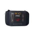A black carrying case with the SC PRO branding, displaying two clipper devices, scissors, and other barbering tools.