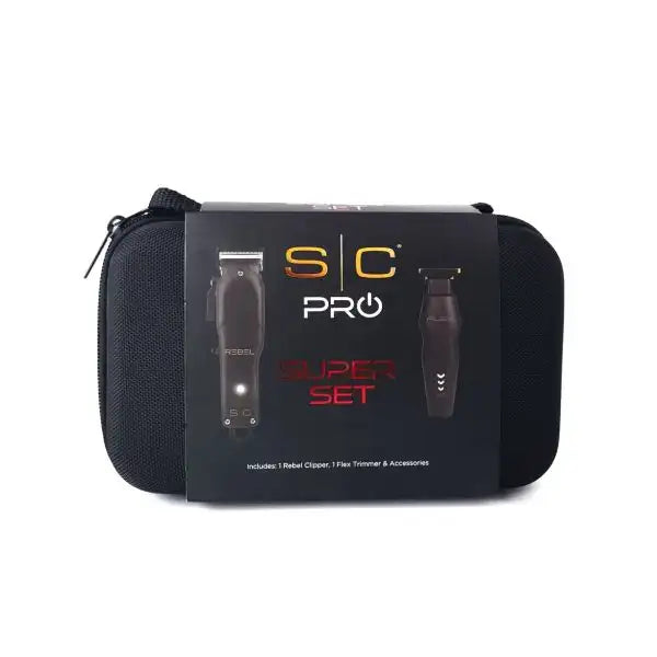 A black carrying case with the SC PRO branding, displaying two clipper devices, scissors, and other barbering tools.