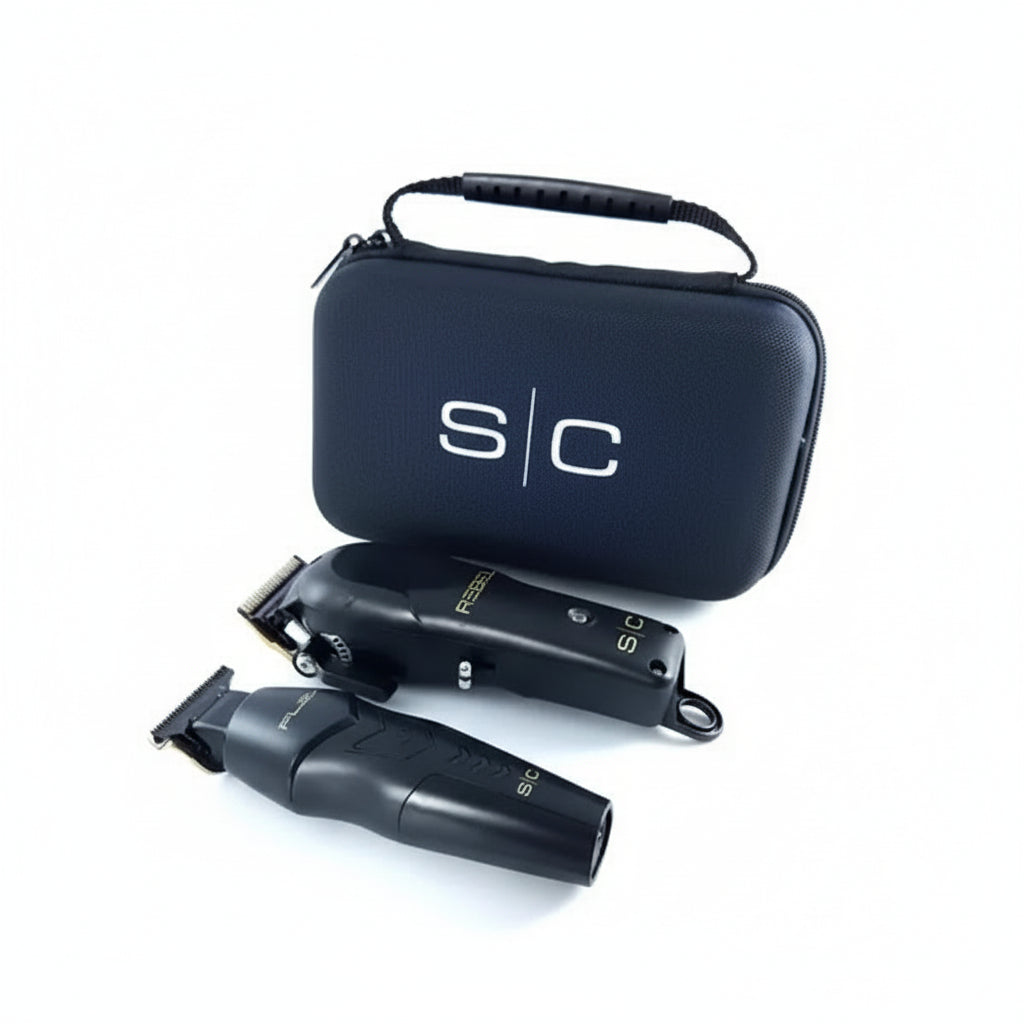 Black grooming kit with two trimmers and a carrying case on a white background
