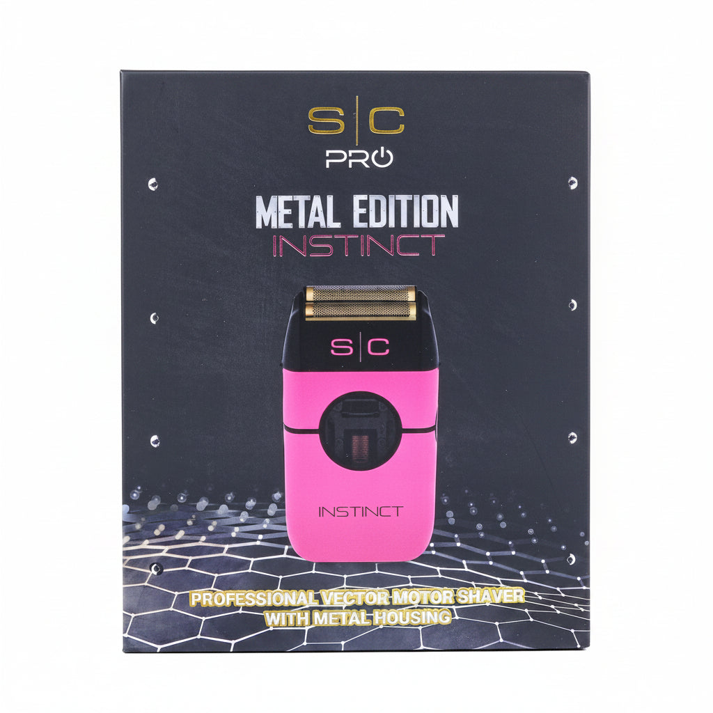 Pink electric shaver with 'SC' branding on a dark blue packaging background.
