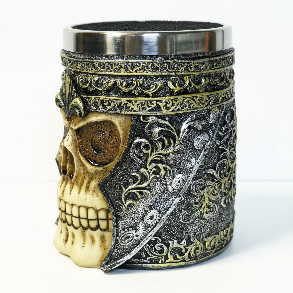 Decorative skull-themed cup with intricate designs on a white background