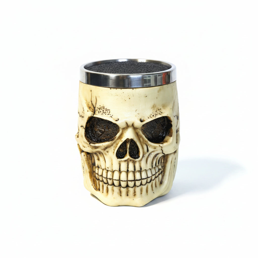 Skull-shaped cup with metallic rim on a white background