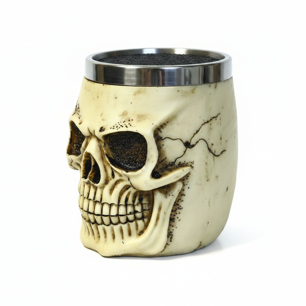 Skull-shaped cup with metallic rim on a white background