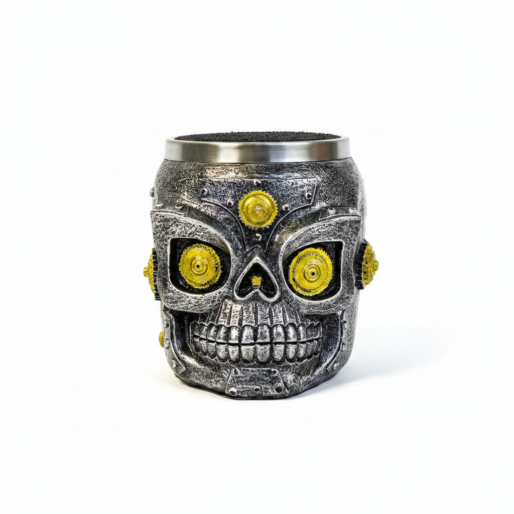 Skull-shaped container with metallic finish and yellow eyes on a white background