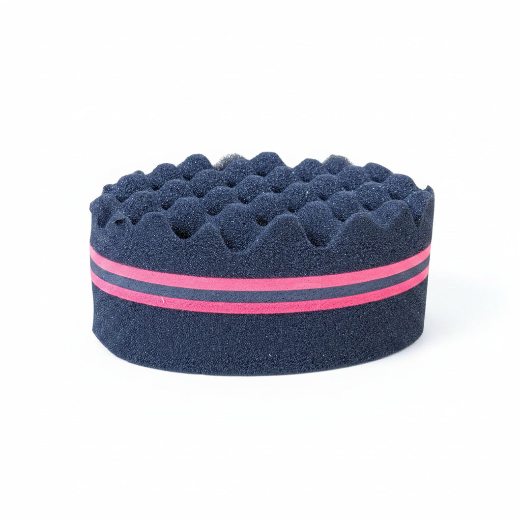 Blue foam roller with pink bands on a cardboard background