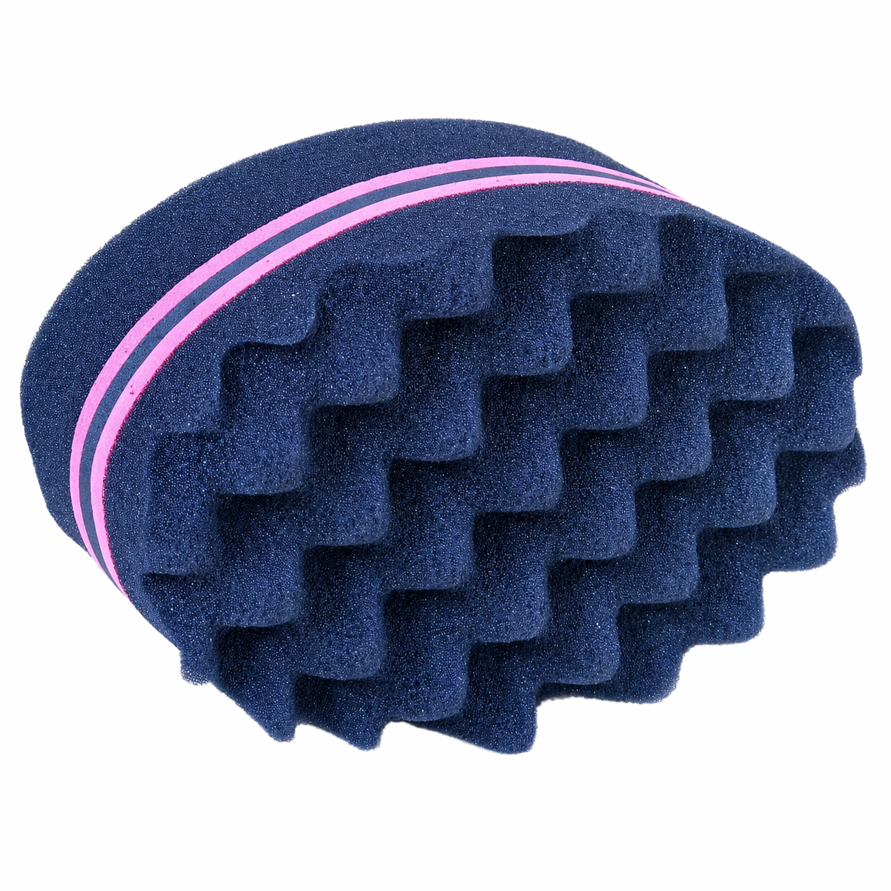 Blue foam roller with pink stripe on a white background