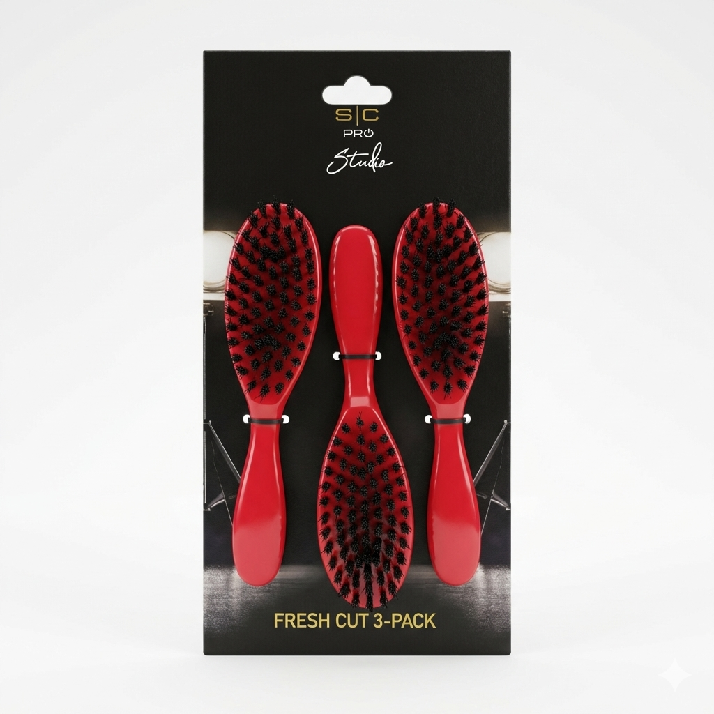 Three red hairbrushes in packaging with 'SC Pro Studio' branding on a white background.