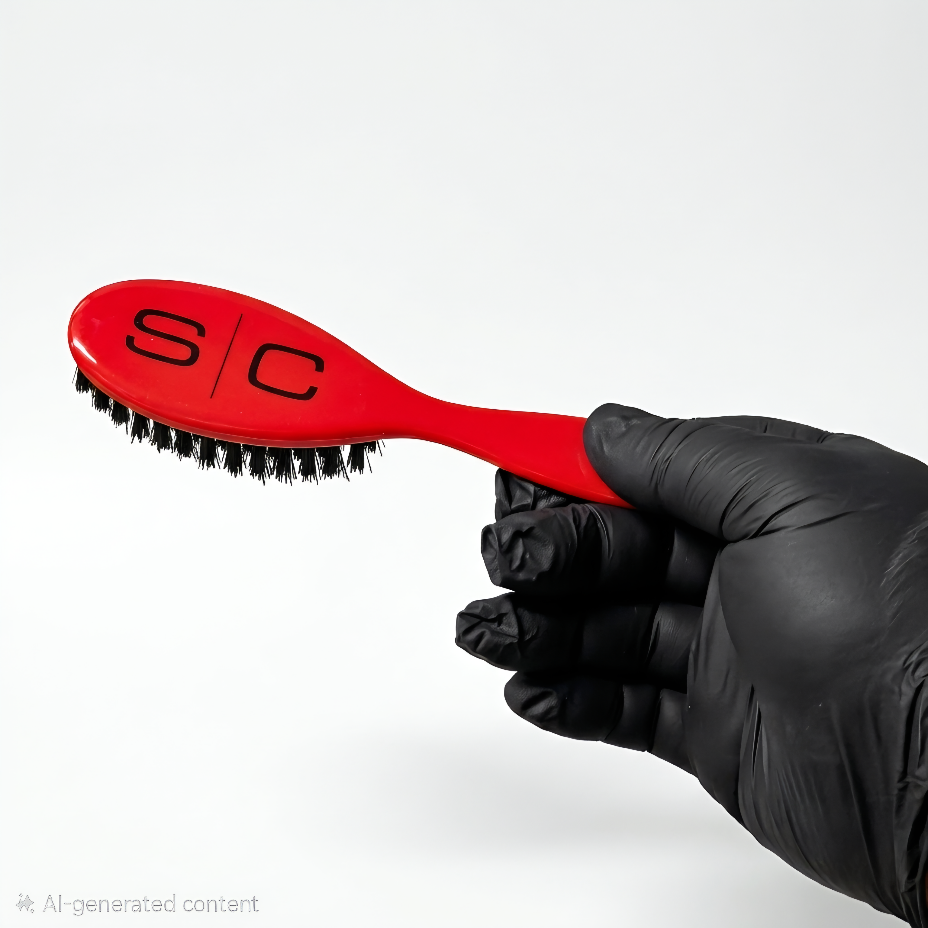 Red hairbrush with black bristles held by a gloved hand on a white background