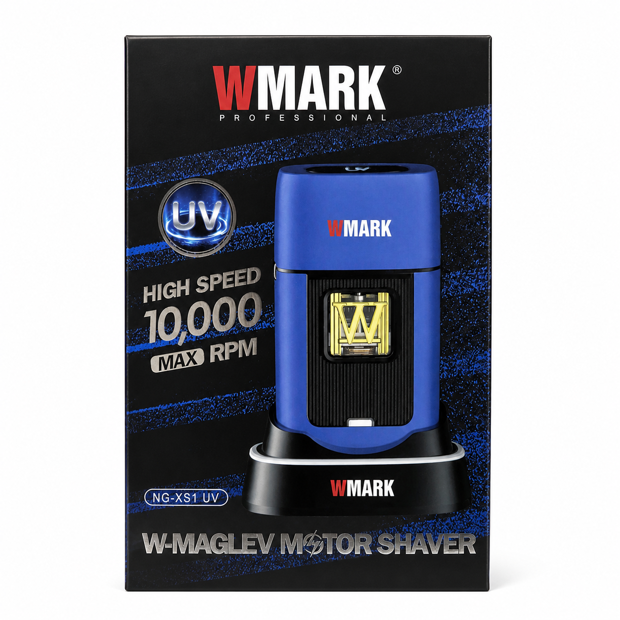 WMark W-Maglev Motor Shaver packaging with blue shaver and black background
