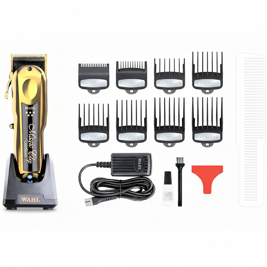 Wahl hair trimmer set with attachments on a white background