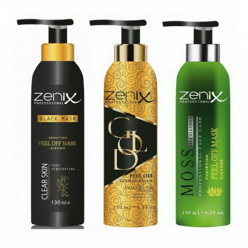 Three bottles of Zenix peel masks, with labels indicating different variants such as 'Black', 'Gold', and 'Moss'. Each bottle has a distinctive color theme corresponding to the mask variant.