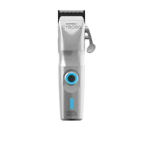 A digital brushless motor hair clipper with a silver body and blue accents, labeled 'CYBORG' on the front.